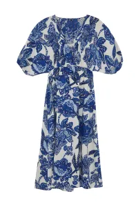 Trendyol Blue Floral A-Line Double-Breasted Midi Woven Dress