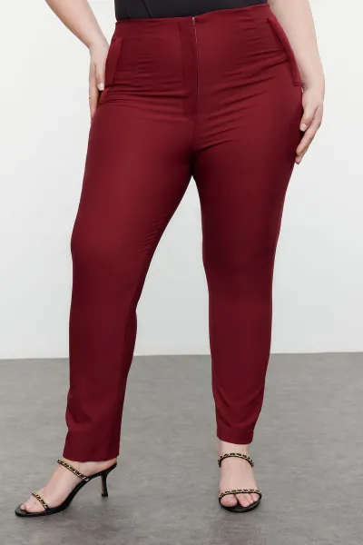 Trendyol Curve Claret Red Cigarette Fleto Pocket Woven Plus Size Fabric Trousers