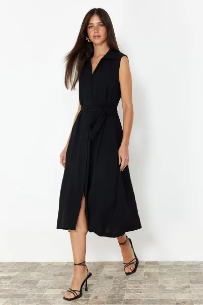 Trendyol Black Belted Plain Midi Belted Black Sleeveless Shirt Woven Dress