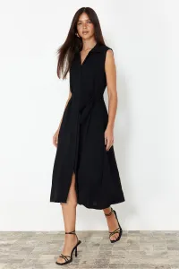 Trendyol Black Belted Plain Midi Belted Black Sleeveless Shirt Woven Dress