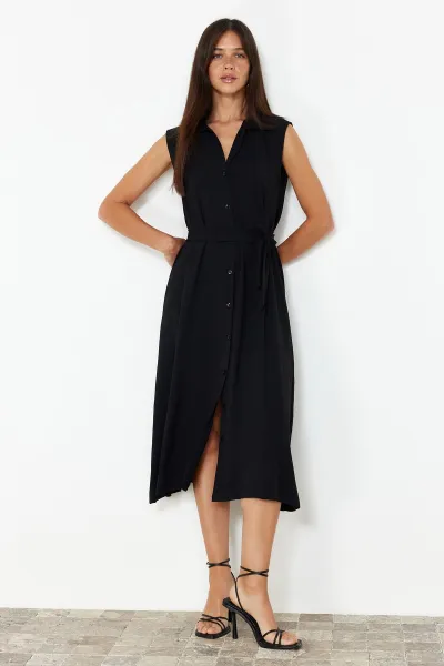 Trendyol Black Belted Plain Midi Belted Black Sleeveless Shirt Woven Dress