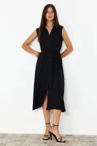Trendyol Black Belted Plain Midi Belted Black Sleeveless Shirt Woven Dress