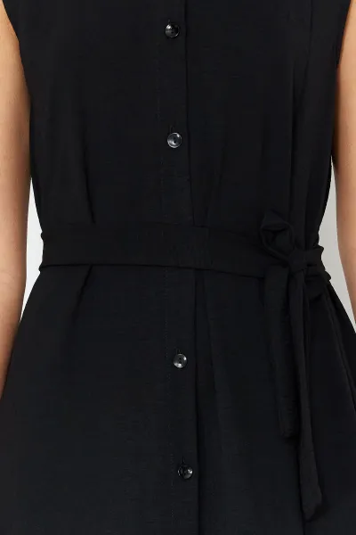 Trendyol Black Belted Plain Midi Belted Black Sleeveless Shirt Woven Dress