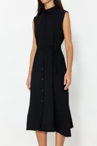 Trendyol Black Belted Plain Midi Belted Black Sleeveless Shirt Woven Dress