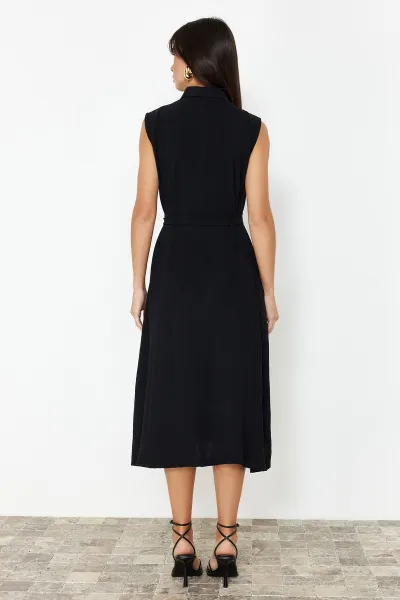 Trendyol Black Belted Plain Midi Belted Black Sleeveless Shirt Woven Dress
