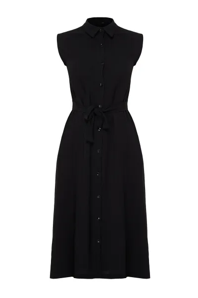 Trendyol Black Belted Plain Midi Belted Black Sleeveless Shirt Woven Dress