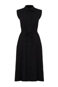 Trendyol Black Belted Plain Midi Belted Black Sleeveless Shirt Woven Dress