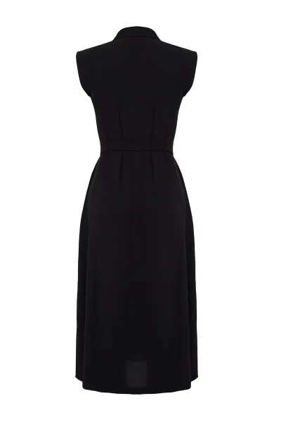 Trendyol Black Belted Plain Midi Belted Black Sleeveless Shirt Woven Dress