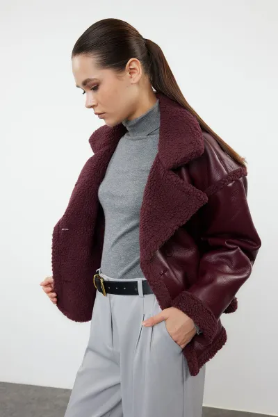 Trendyol Burgundy Plush Detailed Faux Leather Biker Jacket Coat