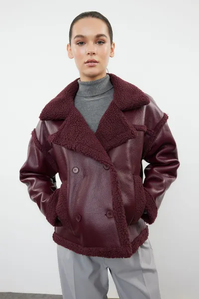 Trendyol Burgundy Plush Detailed Faux Leather Biker Jacket Coat