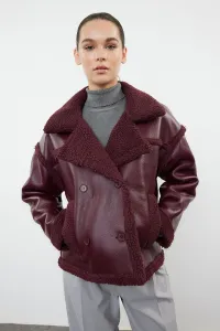 Trendyol Burgundy Plush Detailed Faux Leather Biker Jacket Coat