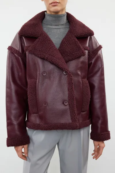 Trendyol Burgundy Plush Detailed Faux Leather Biker Jacket Coat