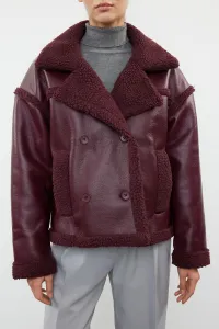 Trendyol Burgundy Plush Detailed Faux Leather Biker Jacket Coat