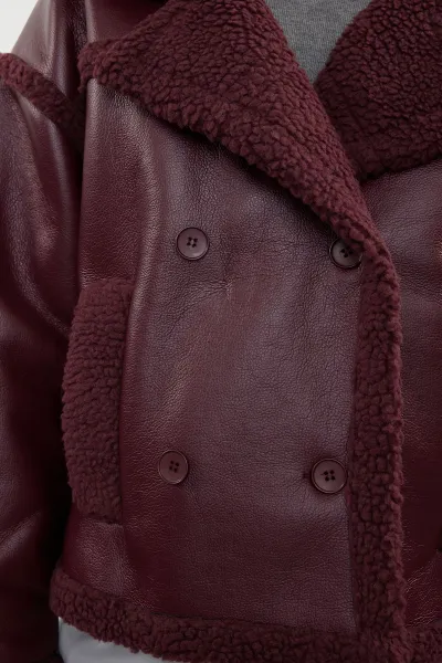 Trendyol Burgundy Plush Detailed Faux Leather Biker Jacket Coat