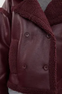 Trendyol Burgundy Plush Detailed Faux Leather Biker Jacket Coat