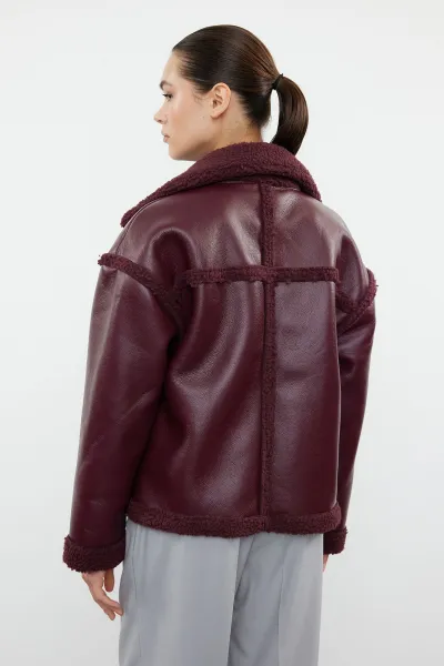 Trendyol Burgundy Plush Detailed Faux Leather Biker Jacket Coat