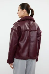 Trendyol Burgundy Plush Detailed Faux Leather Biker Jacket Coat