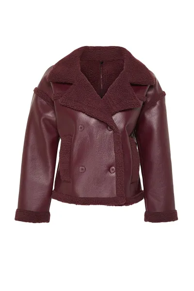 Trendyol Burgundy Plush Detailed Faux Leather Biker Jacket Coat