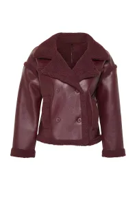 Trendyol Burgundy Plush Detailed Faux Leather Biker Jacket Coat