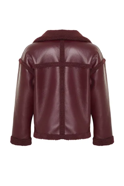 Trendyol Burgundy Plush Detailed Faux Leather Biker Jacket Coat