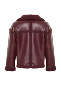 Trendyol Burgundy Plush Detailed Faux Leather Biker Jacket Coat