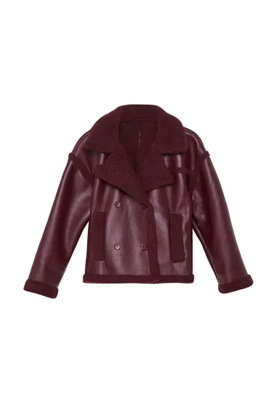 Trendyol Burgundy Plush Detailed Faux Leather Biker Jacket Coat