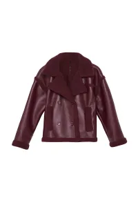 Trendyol Burgundy Plush Detailed Faux Leather Biker Jacket Coat