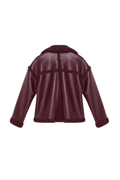 Trendyol Burgundy Plush Detailed Faux Leather Biker Jacket Coat