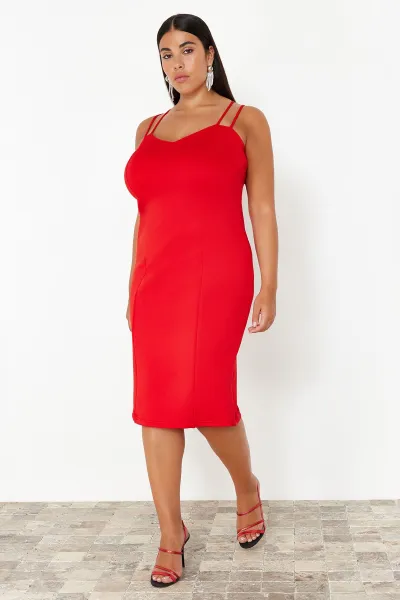 Trendyol Curve Red Sweetheart Collar Strap Summer Knitted Dress