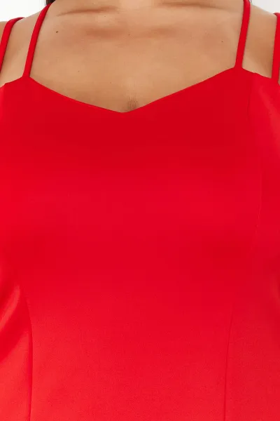 Trendyol Curve Red Sweetheart Collar Strap Summer Knitted Dress