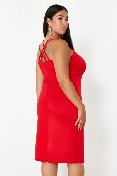 Trendyol Curve Red Sweetheart Collar Strap Summer Knitted Dress