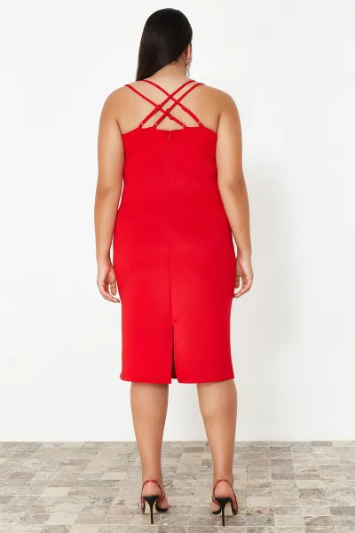 Trendyol Curve Red Sweetheart Collar Strap Summer Knitted Dress