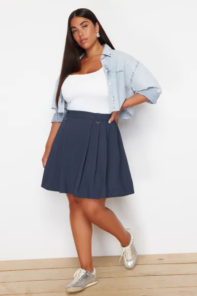 Trendyol Curve Navy Blue Pleated Buckle Detailed Mini Woven Plus Size Skirt