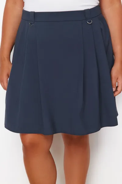 Trendyol Curve Navy Blue Pleated Buckle Detailed Mini Woven Plus Size Skirt