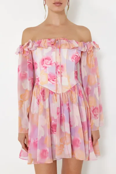 Trendyol Multicolored A-Line Lined Flounce Woven Chiffon Short Elegant Evening Dress