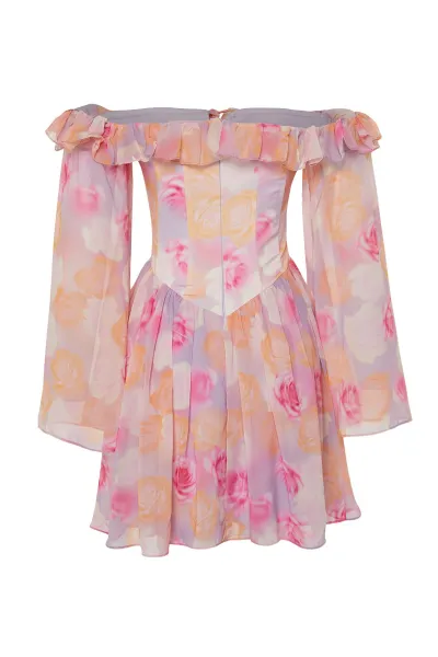 Trendyol Multicolored A-Line Lined Flounce Woven Chiffon Short Elegant Evening Dress