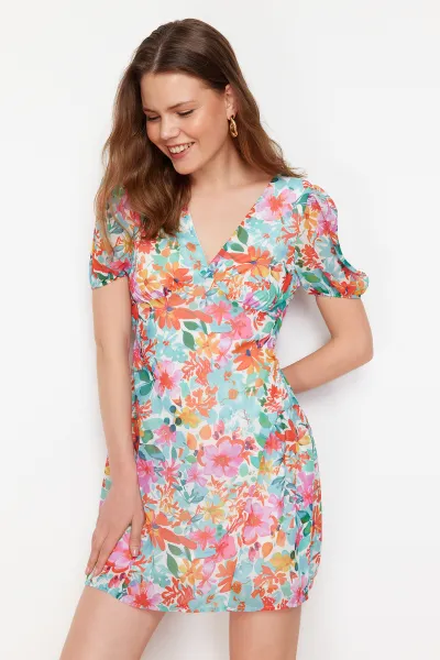 Trendyol Green Patterned Mini Woven Dress with Skater Skirt and Back Detail