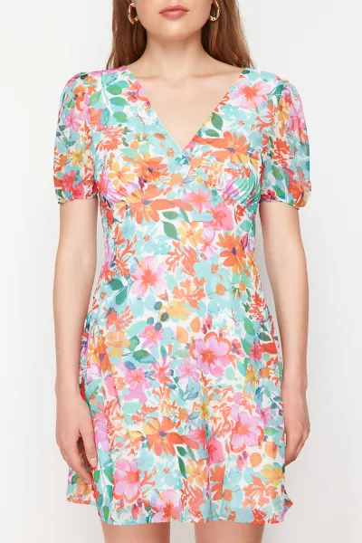 Trendyol Green Patterned Mini Woven Dress with Skater Skirt and Back Detail