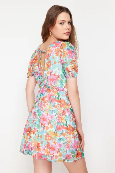 Trendyol Green Patterned Mini Woven Dress with Skater Skirt and Back Detail