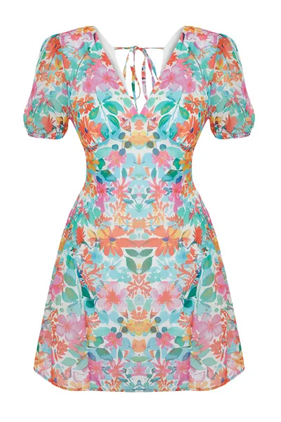 Trendyol Green Patterned Mini Woven Dress with Skater Skirt and Back Detail