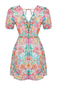 Trendyol Green Patterned Mini Woven Dress with Skater Skirt and Back Detail