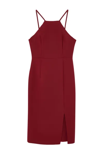 Trendyol Burgundy Bodycon Slit Halter Neck Midi Pencil Skirt Woven Dress