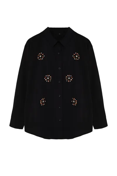 Trendyol Curve Black Large Size Stone Embroidered Poplin Shirt