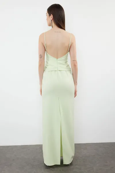 Trendyol Light Green Rose Detailed Woven Long Elegant Evening Dress