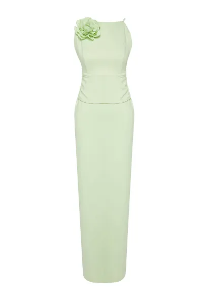 Trendyol Light Green Rose Detailed Woven Long Elegant Evening Dress