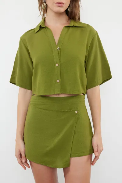 Trendyol Khaki Weaving Linen blend Shirt Shorts Beach Set