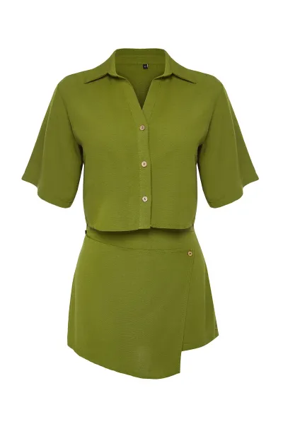 Trendyol Khaki Weaving Linen blend Shirt Shorts Beach Set