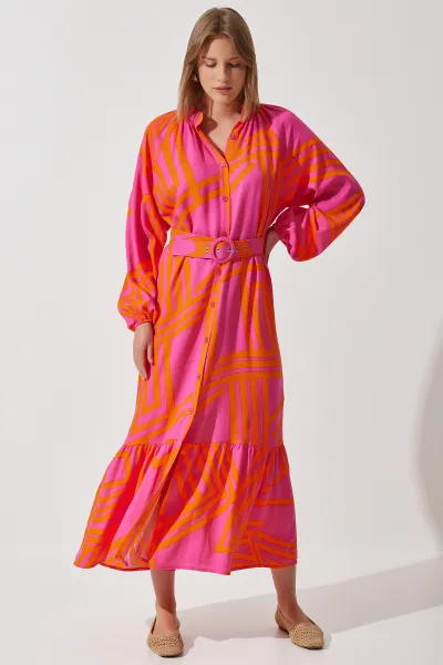 Happiness İstanbul Women's Orange Belted Oversize Summer Viscose Dress