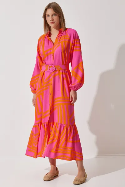 Happiness İstanbul Women's Orange Belted Oversize Summer Viscose Dress
