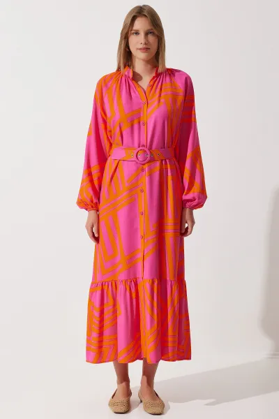Happiness İstanbul Women's Orange Belted Oversize Summer Viscose Dress